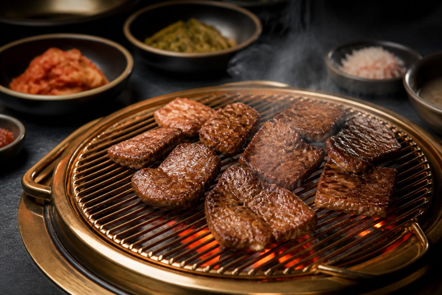 숯불 화로 위에서 먹음직스럽게 익은 소고기