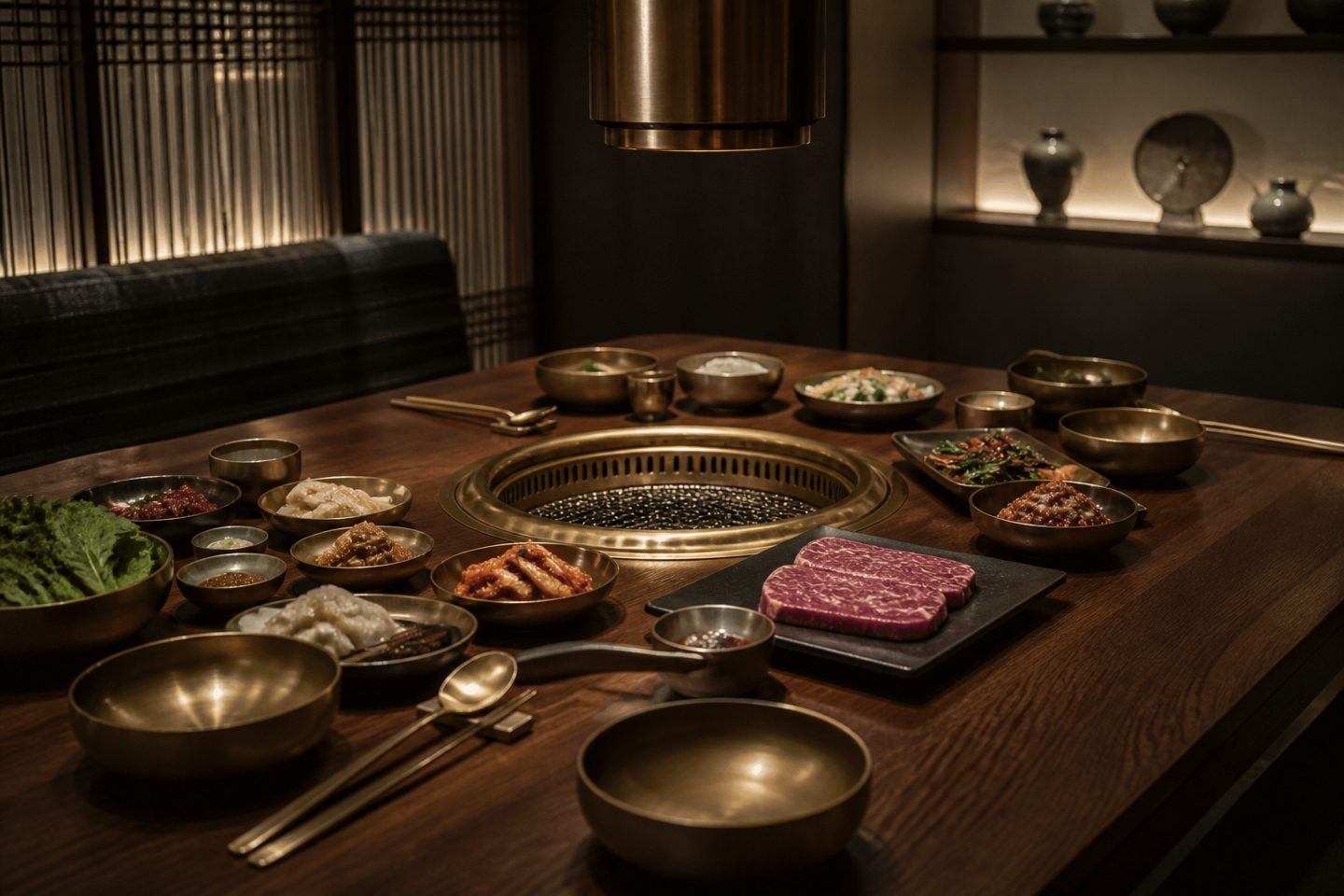 반찬과 소고기가 정갈하게 놓인 꽃소의 상차림